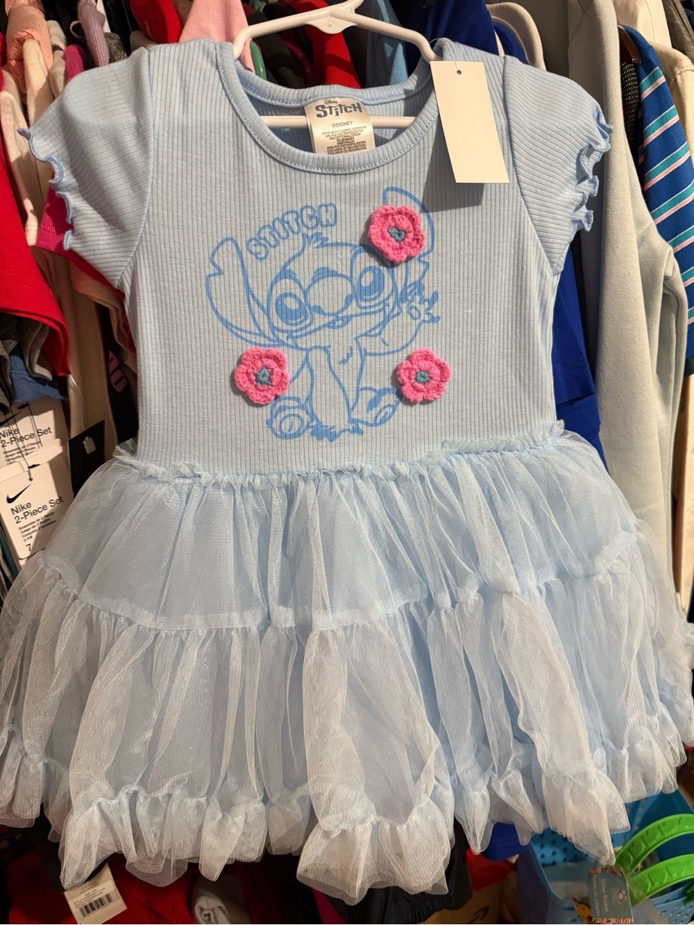 Disney Light Blue Stitch Tulle Dress with Pink Flower Appliqués
